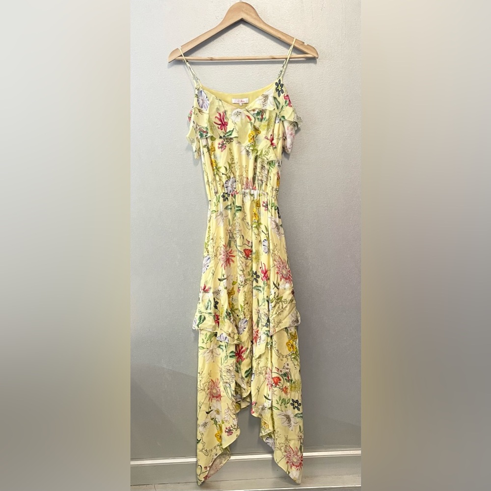 Parker Butter Yellow Floral Midi Dress 100% Silk Flowers Pastel Spring Summer